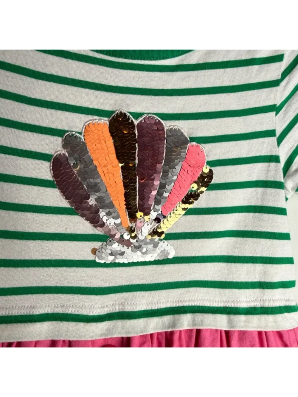 Mini Boden Girls Sequin Seashell Dress 3-4Y Cotton Pockets Beach Vacation